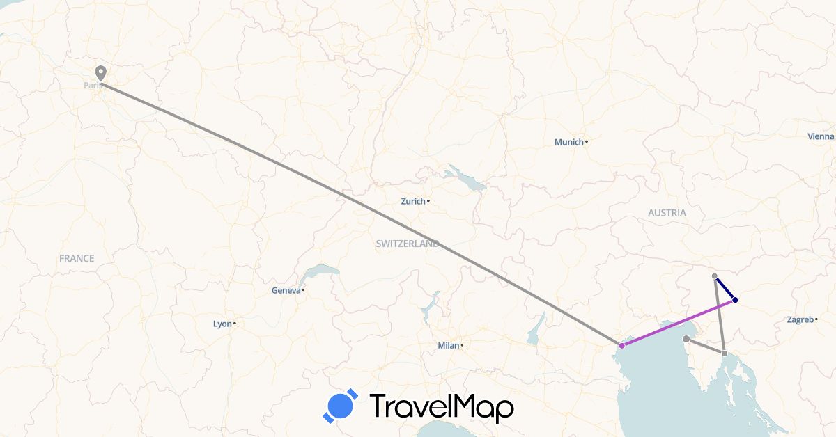 TravelMap itinerary: driving, plane, train in France, Croatia, Italy, Slovenia (Europe)